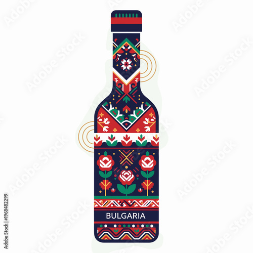 Stylized bottle featuring vibrant traditional Bulgarian folk art patterns with geometric and floral motifs, showcasing cultural heritage.