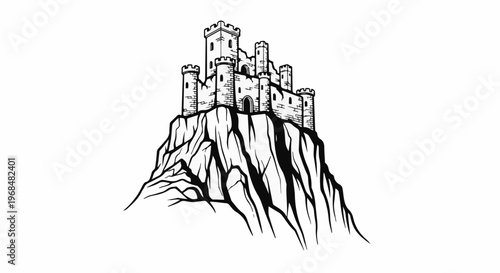 A striking illustration of a stone castle perched atop a rugged mountain