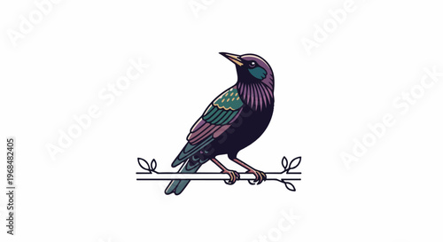 A stylized bird with iridescent plumage perches on a branch