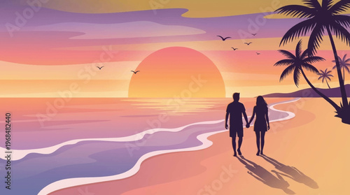 Couple Walking on Beach Sunset.