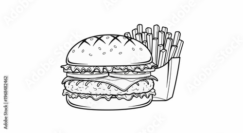 A black and white line drawing of a double-patty cheeseburger with fries in a carton