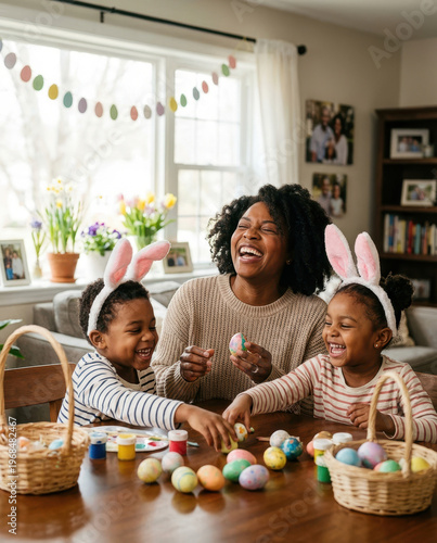 African American family celebrates Easter. Happy black mother with little kids girl and boy decorating easter eggs. 