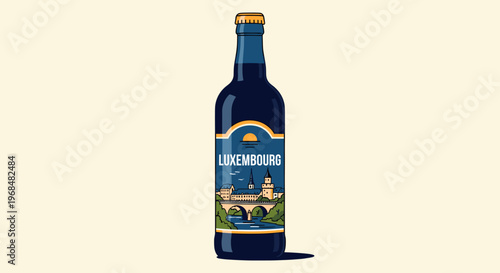 A dark blue bottle with a gold cap and a label featuring a stylized illustration of Luxembourg City's architecture and a bridge, set against a light beige background.
