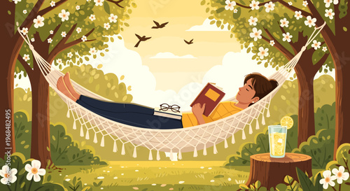 Woman relaxing in a hammock reading a book in a peaceful garden setting