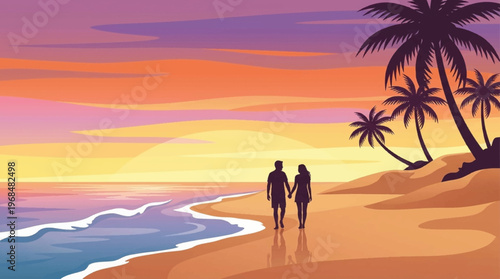 Couple Walking on Beach Sunset.