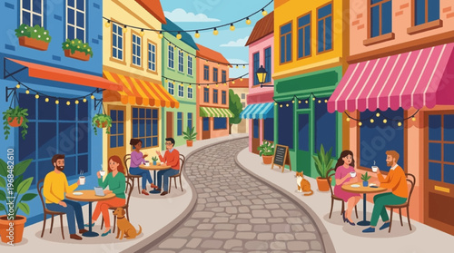 Colorful street with people dining.
