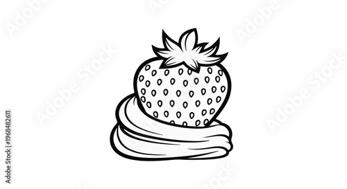 A stylized black and white drawing of a strawberry on a swirl of cream