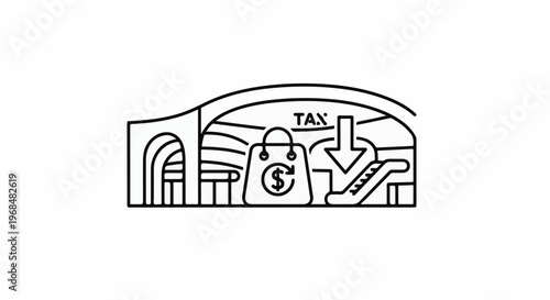 A shopping bag with dollar sign and down arrow inside a stylized building