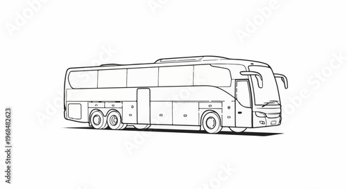 A black and white line drawing of a large touring bus with multiple windows