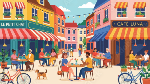 People Eating at Outdoor Cafe.