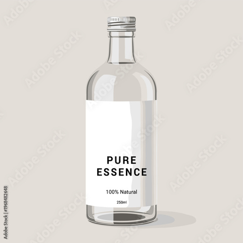 Fotografie A clear glass bottle with a white label reading PURE ESSENCE and 100% Natural, containing a transparent liquid, against a plain background