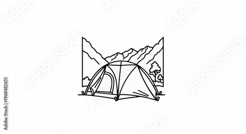 A simple line drawing of a tent set against mountains and trees