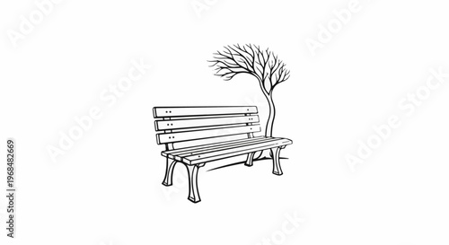 A simple line drawing of a wooden bench beside a leafless tree