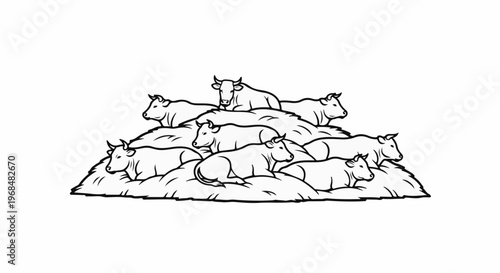 A stylized black and white drawing of several cattle resting on a pile of hay