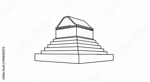 A simple line drawing of a tiered pyramid-like structure with a house-shaped top