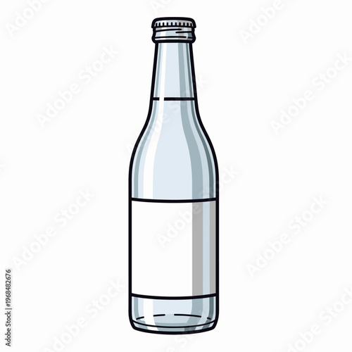Illustration of a clear glass bottle with a metal cap, containing a transparent liquid and an empty white label, isolated on a white background.