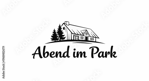 A stylized black and white graphic depicts a house and trees above text