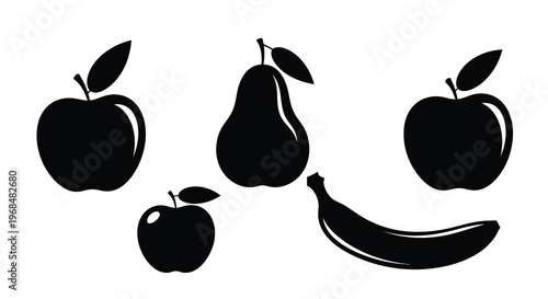 Black fruit shapes including apples pear and banana silhouette
