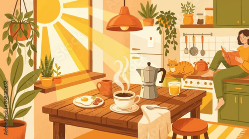 Woman Enjoys Morning Coffee Kitchen.