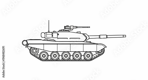 A black and white line drawing of a military tank with a long cannon