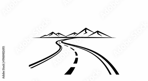 A winding road curves through a stark landscape towards mountains