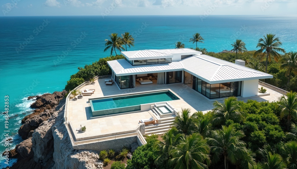 Fototapeta premium Modern villa with infinity pool rests on cliffside overlooking blue ocean. Palm trees surround luxury residence with sleek design. Sunny day brightens coast property with expansive sea views.