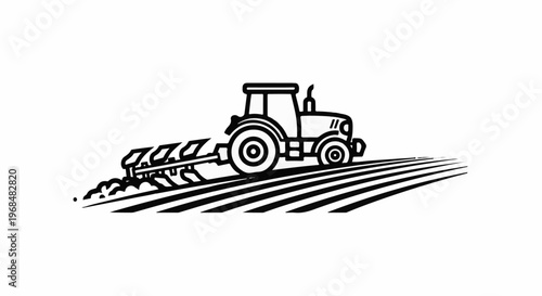 A stylized black and white line art of a tractor plowing a field