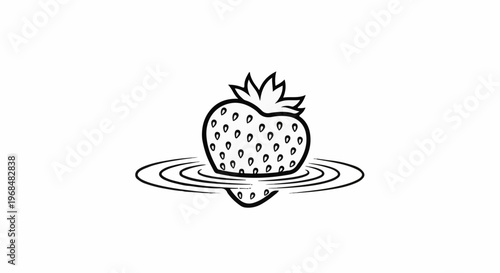 A black and white line drawing of a strawberry floating on rippling water
