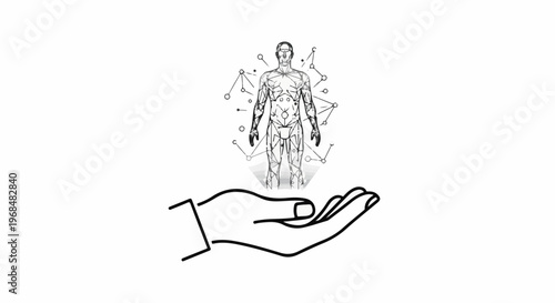 A wireframe human figure hovers above an open hand