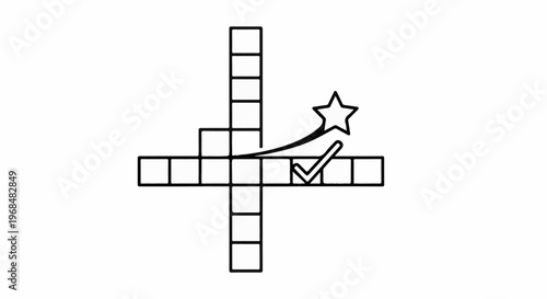 A stylized black and white line drawing of a crossword puzzle with a star and checkmark
