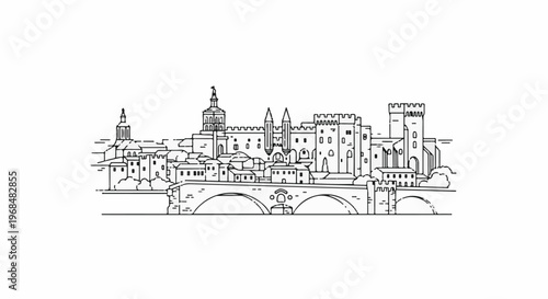 A stylized black and white line drawing of a historic city skyline with a large bridge