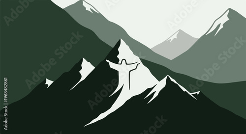 A silhouette of a figure stands atop snowy mountains under a gradient sky