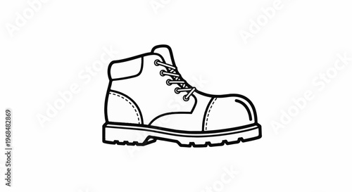 A black and white line drawing of a sturdy work boot with laces