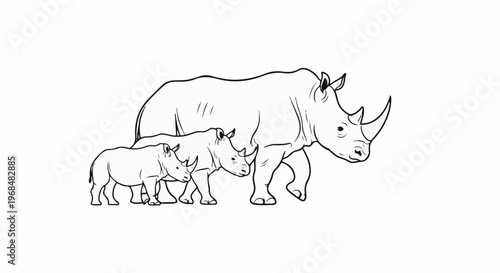 A stylized black and white line drawing of a family of three rhinoceroses walking