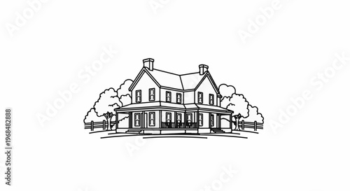 A black and white line drawing of a two-story house with a wrap-around porch