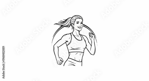 A woman in athletic wear runs vigorously, her ponytail trailing behind her