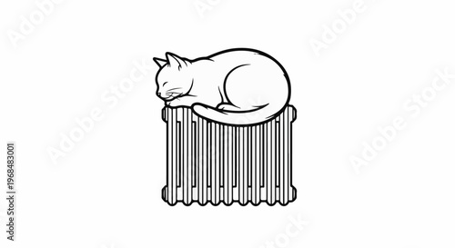 A black and white outline drawing of a cat sleeping on a radiator