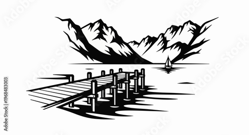 A wooden dock extends into a calm lake with a sailboat nearing distant, jagged mountains