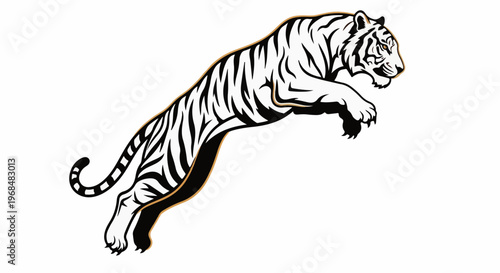 A stylized black and white tiger in mid-air leap, outlined in gold