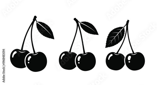 Three arrangements of cherries depicted in a striking black silhouette