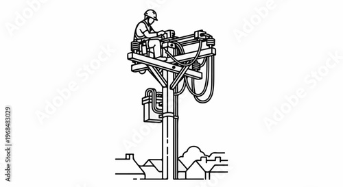 A worker in a bucket truck repairs a utility pole above houses