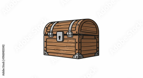 A wooden treasure chest with metal accents and a keyhole