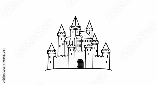 A black and white outline drawing of a large, multi-turreted castle with a grand gate