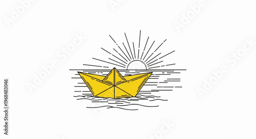 A yellow paper boat floats on water under a stylized sun