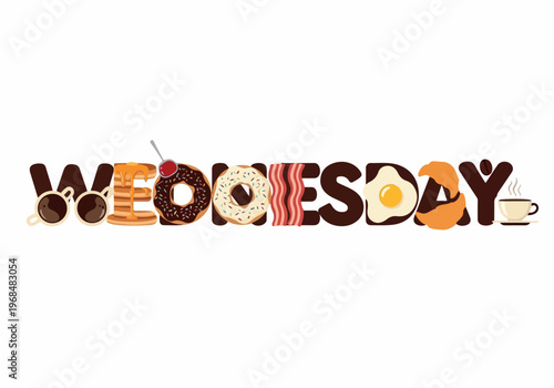 Conceptual typography illustration spelling 'Wednesday' with delicious breakfast items like pancakes, eggs, and coffee. Ideal for a cheerful morning food theme