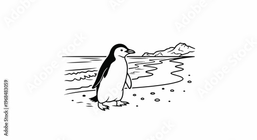 A black and white outline drawing of a penguin standing on a beach with mountains in the background