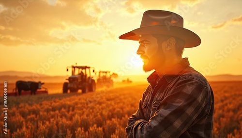 Farmer in hat watches tractors work field at sunset. Cow grazes nearby. Warm golden light illuminates rural scene, suggesting hard work and dedication in agriculture.
