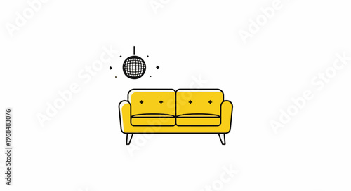 A yellow sofa sits below a disco ball and sparkle details
