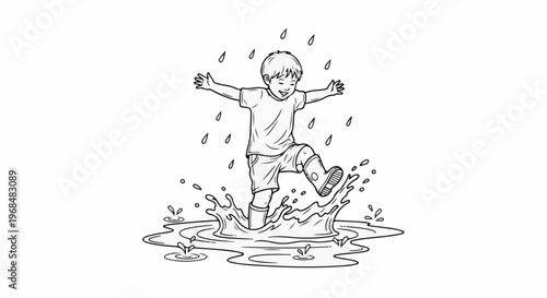 A young child joyfully splashes in puddles on a rainy day, arms wide