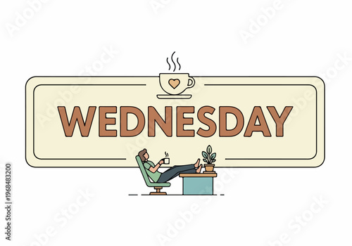 Relaxing Wednesday coffee break illustration featuring a person unwinding with feet on desk, embodying a serene mid-week pause and ideal work-life balance